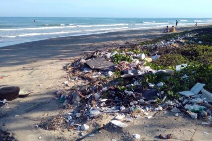 Plastic waste and debris covering a beach shoreline – highlighting the urgent need for action against ocean plastic pollution.