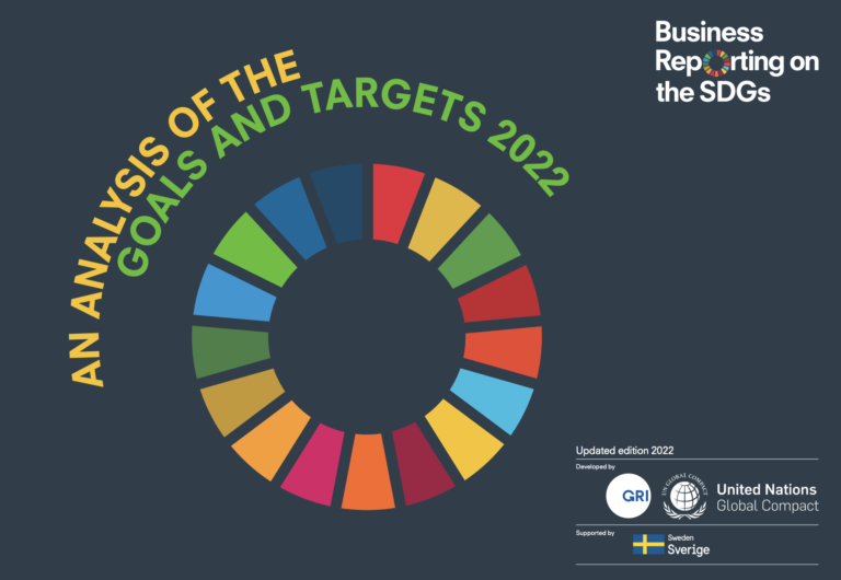 Cover image of the report "Business Reporting on the SDGs – An Analysis of the Goals and Targets 2022", showing a colorful Sustainable Development Goals circle, related to sustainability reporting SDGs