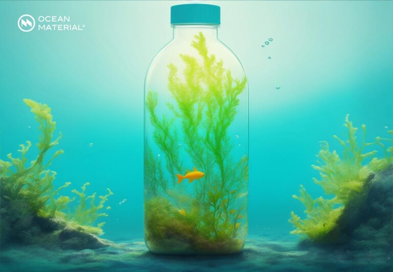 Seaweed polymer concept – underwater bottle filled with algae illustrating sustainable packaging