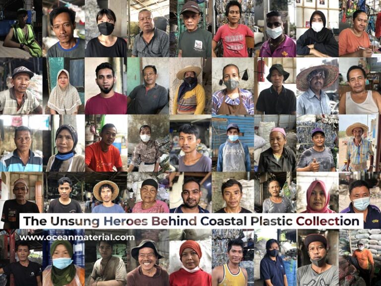 Portrait collage of forty-five coastal plastic collectors honored as unsung heroes, celebrating their contribution to ocean protection and plastic pollution solutions