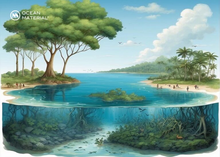 Illustration of a coastal blue carbon ecosystem with mangroves, seagrass, and ocean water capturing carbon dioxide for climate change mitigation