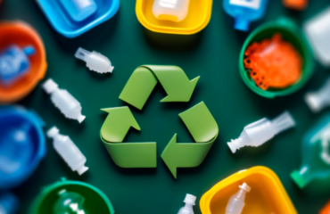 What plastics can be recycled Colorful plastic waste items and recycling symbol illustrating plastic recycling and circular economy concepts.