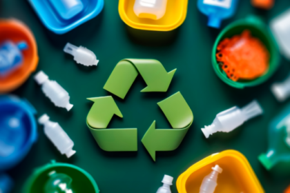 Colorful plastic waste items and recycling symbol illustrating plastic recycling and circular economy concepts.