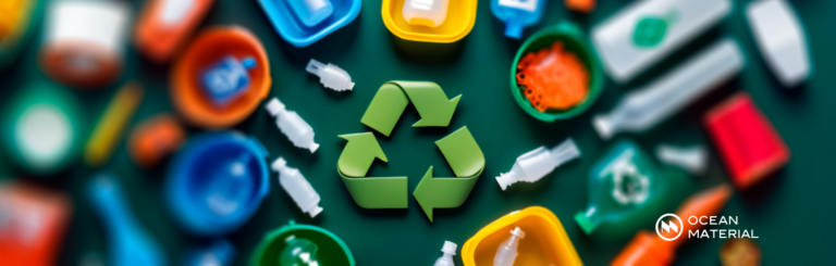 Colorful plastic waste items and recycling symbol illustrating plastic recycling and circular economy concepts.