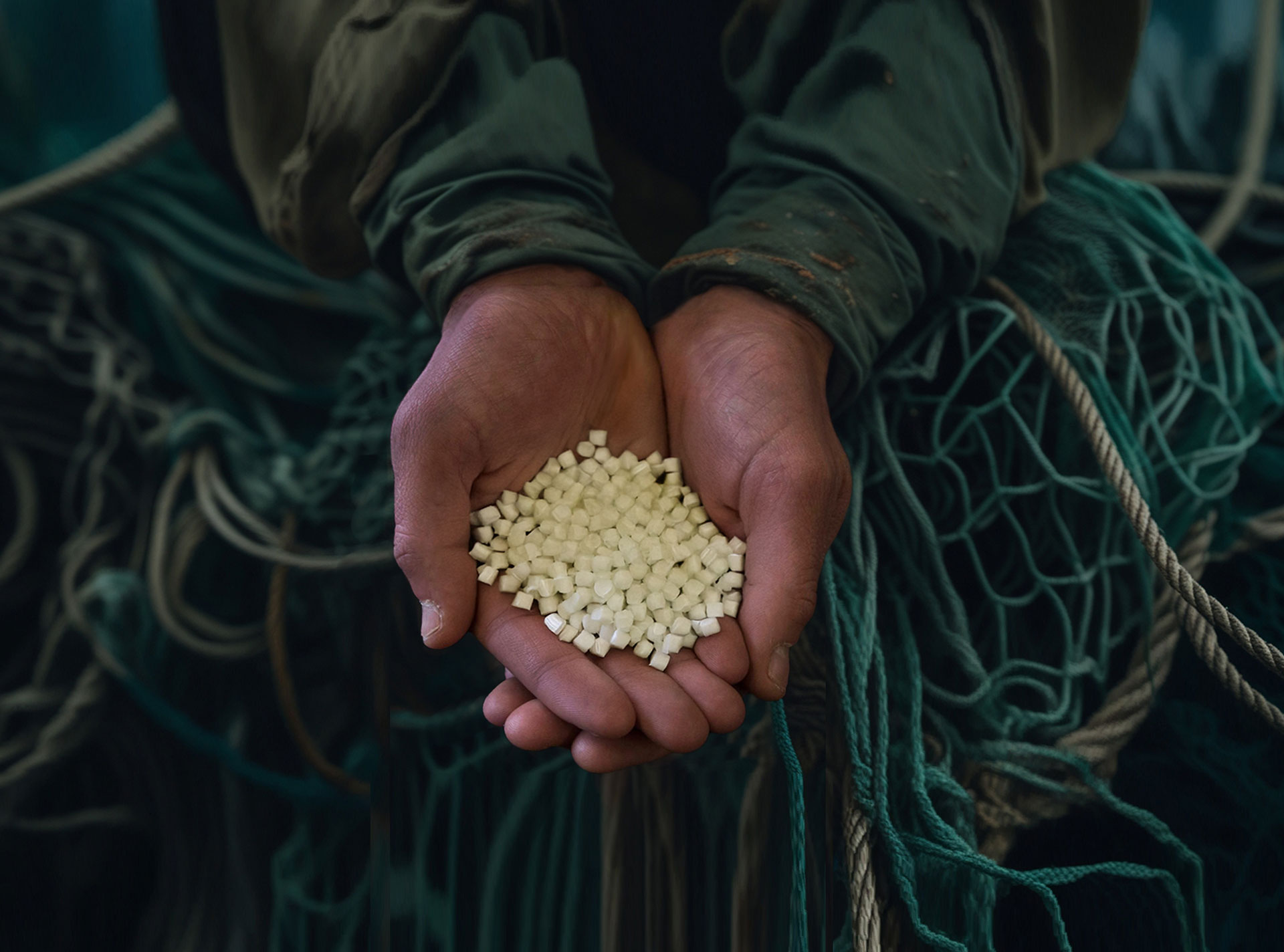 Recycled material pellets held in hands